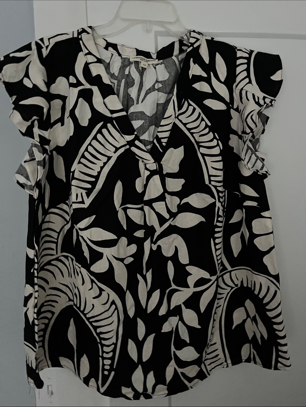 Black & White Botanical V-Neck Ruffle Sleeve Blouse
